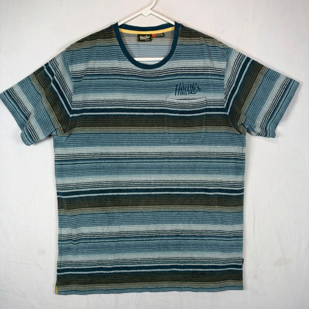 Howler Bros Mens Large Blue Striped Terry Cloth Pocket T-Shirt Short Sleeve